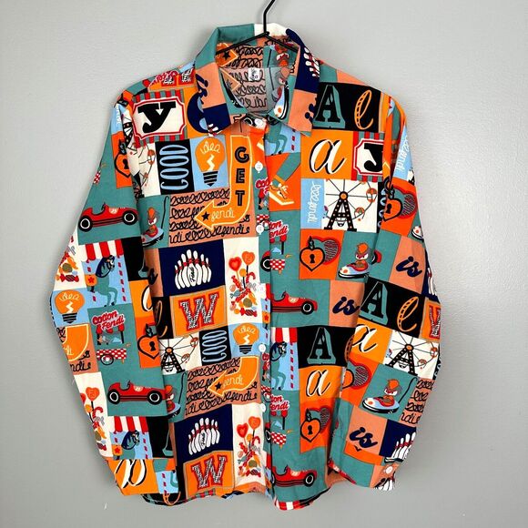 Retro Printed Funky Button Down Blouse Medium Unisex Carnival - Picture 1 of 7